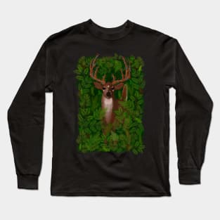 Christmas Fairy lights holiday deer illustration on a forest background Long Sleeve T-Shirt